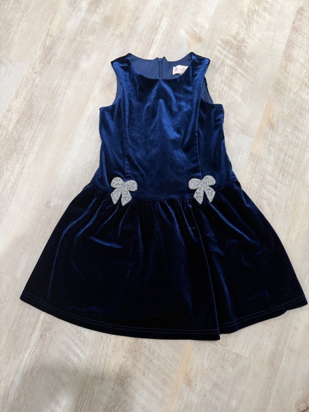 Biscotti Navy Velvet Dress with Silver Bow Accents